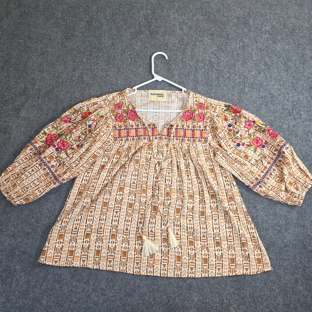 Savanna Jane Blouse Women Small Tan Aztec Peasant Embroidered Floral Tassel Boho